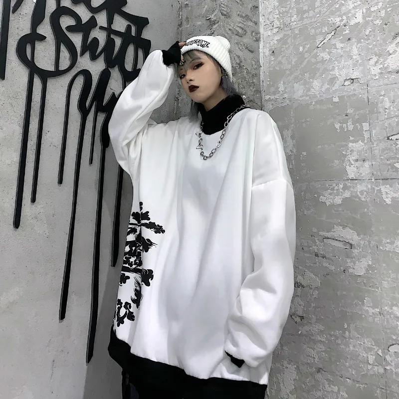Уличная одежда больших размеров для женщин Harajuku граффити Графический контрастный принт Толстовка пуловер с капюшоном водолазка теплый флисовый Топ корейский