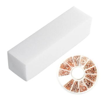 

12 Pieces Polishing Sending Buffer Block Files Foam Pedicure Manicure Nail Art & 1 Box Rose Gold Star Moon Studs Seastar Shell B