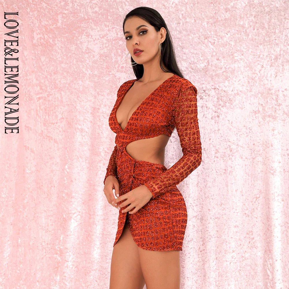 LOVE & LEMONADE сексуальное оранжевое платье с глубоким v образным вырезом и открытой