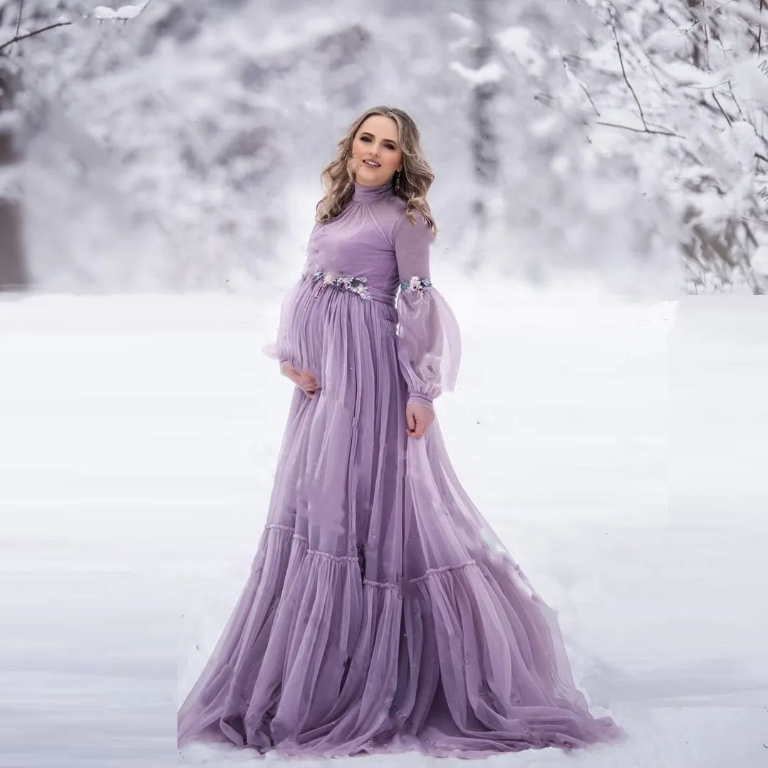 

Photography Tulle Maternity Dresses With Bead Sash Sleeve Lush Violet Photo Shoot Elegant Pregnancy Dresses Floor Length