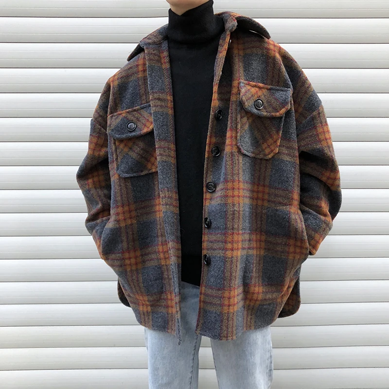 Winter Woolen Coat Men Warm Overcoat Fashion Retro Hit Color Tartan Woolen Jacket Men Streetwear Loose Long Woolen Jacket Man Winter Woolen Coat Men Warm Overcoat Fashion Retro Hit Color Tartan Woolen Jacket Men Streetwear Loose Long Woolen Jacket Man