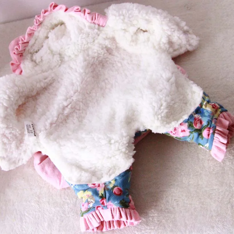 Цветочный розовый зимний комбинезон для собак, плотный флисовый теплый комбинезон для собаки, щенка, банта, одежда для маленьких собак, чихуахуа, йоркширского терьера