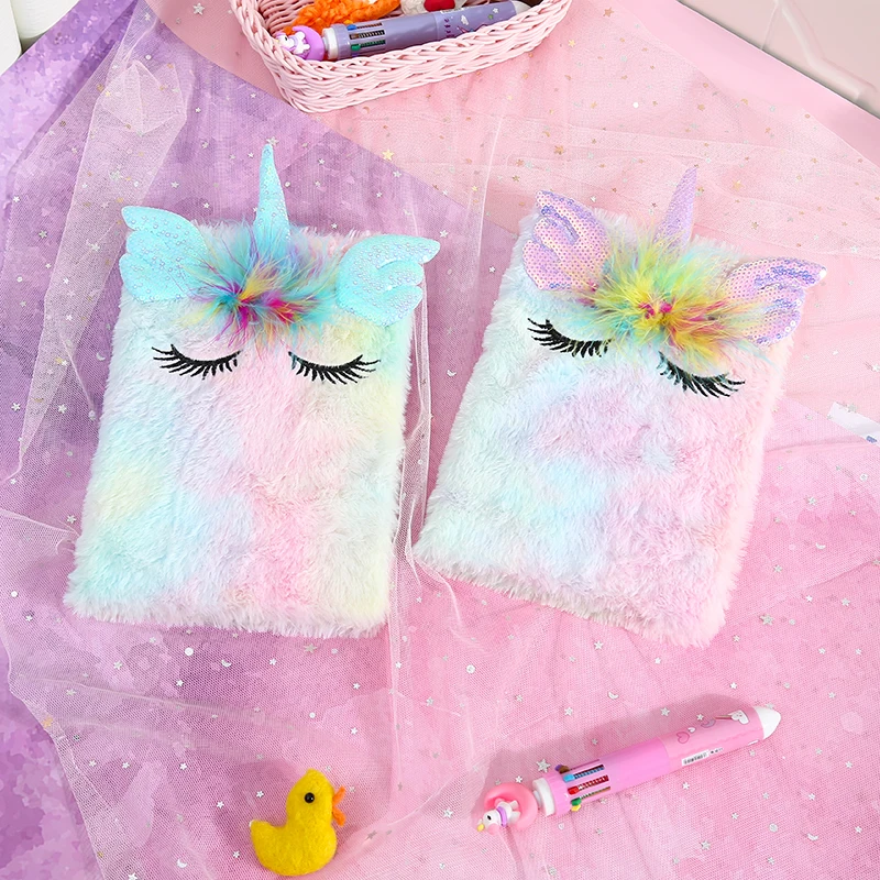 

Glitter Sequin Notebook Cartoon Embroidered Student Stationery NoteBook Plush Feather Horse Notepad Women Travel Planner Book