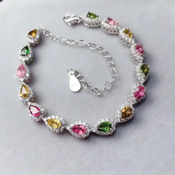 

S925 silver natural Multicolor tourmaline bracelet natural gemstone bracelet Elegant Lovely water drop women party gift jewelry