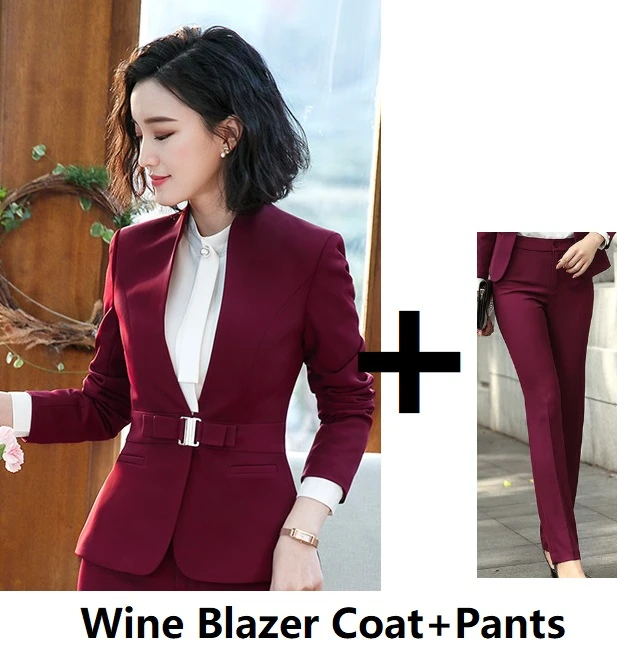 Wine Pantsuits Женская Офисная Рабочая одежда, деловые костюмы с брюками и пиджаками, пальто, элегантное вино для женщин, профессиональные блейзеры, брючные костюмы - Цвет: Wine Pantsuits