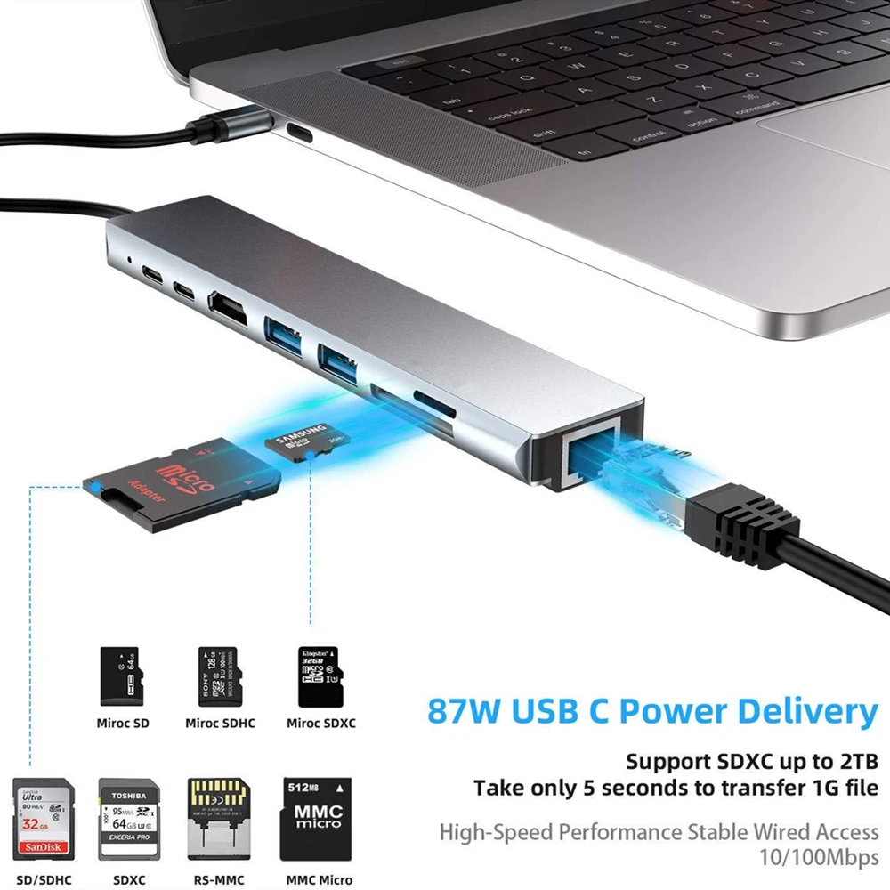 USB концентратор tebe типа C на 4K HDMI RJ45 SD/TD кардридер PD Быстрая зарядка 8 в 1