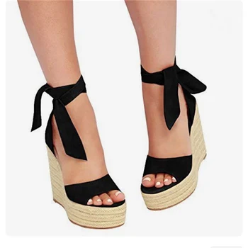 

2020 Summer Women 16cm High Heels Wedges 6cm Platform Sandals Fetish black Pumps female flock Lace up Extreme Party prom Shoes