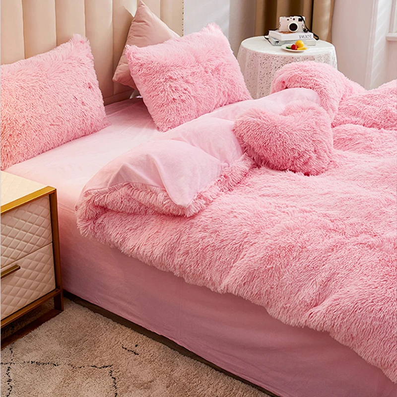 WOSTAR Winter warm plush duvet cover pink mink velve+fluffy flannel quilt cover 220x240 king size luxury double bed bedding set