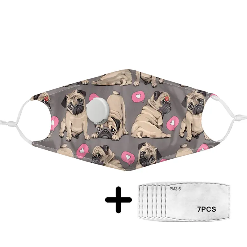 

Grey Women's Winter Protection Mask With Cute Bulldog Print Mouth Mask With 7pcs Filters Paper Ladies Breath Respirator Masks