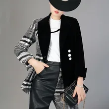 Velour Patchwork Wool Plaid Blazer Coat Female Long Sleeve Asymmetrical Women's Suits 2020 Spring Fashion Clothes