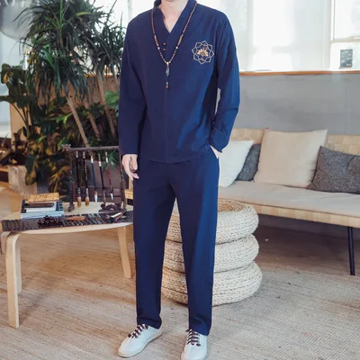 

Autumn Men Cotton Linen Long Sleeve T-shirt Suit Chinese-style Buddha Embroidered Two-Piece Set Loose Flax Retro Men'S Wear