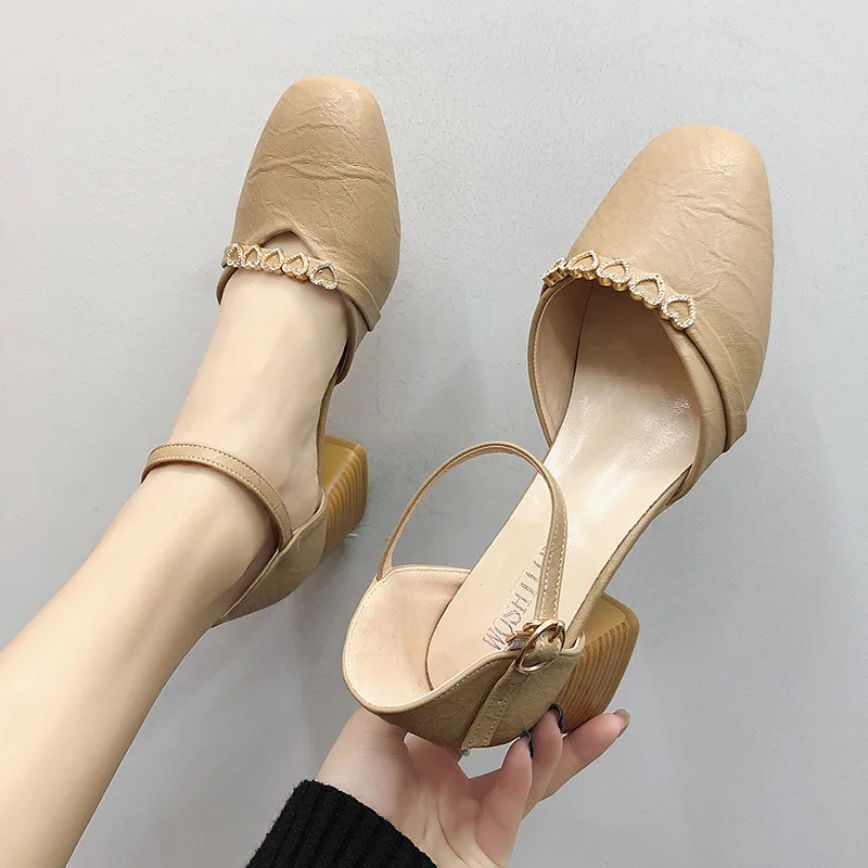 

2019 Spring And Summer Hallow-Style Egg Leather Shoes New Style Korean-style Versatile Straight-line Buckle Chunky-Heel Square H