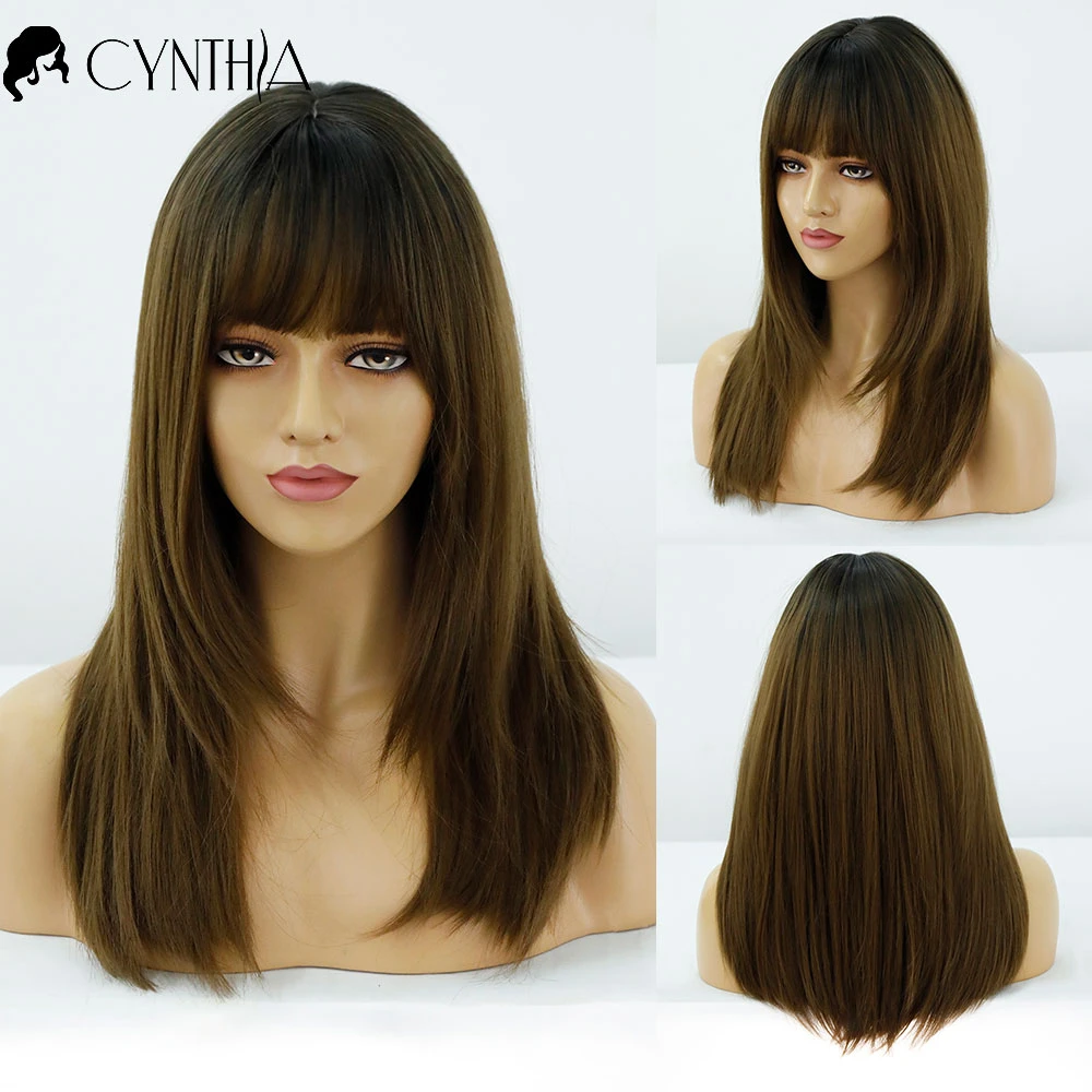 

Straight Black To Brown Long Synthetic Wig For Black White Women Daily With Bangs Natural Fiber Heat Resistant Hair Cosplay Wigs