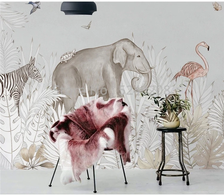 Custom Self-Adhesive Mural Wallpaper Modern Ins Plant Elephant Deer 3D Cartoon Children's Bedroom Background Wall Sticker Decor