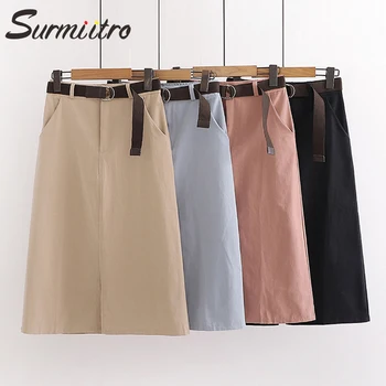 

SURMIITRO Cotton Slit Midi Skirt Women 2020 Spring Summer Korean Black Blue High Waist Sun School Office Skirt Female With Belt