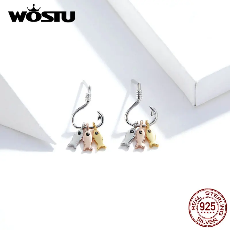 WOSTU Новое поступление настоящие 925 пробы Серьги Silvr милые 3 разных цвета рыбки счастливые ювелирные изделия для женщин Свадебные FIE789