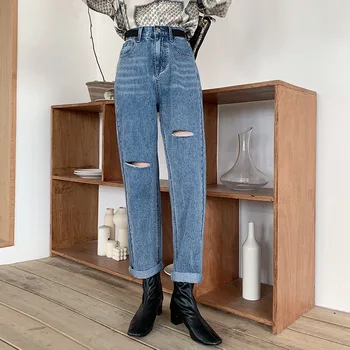 

Waist Adjustable High Waist Jeans Female 2020 Autumn New Style Loose Slimming Higher Straight Denim Trousers