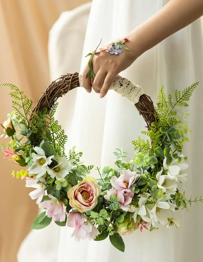 Hand Wreath JaneVini Круглый Свадебный венок Свадебные букеты розовые Искусственные цветы в корзинке невесты букет невесты шелковый цветочный букет молоток - Цвет: Hand Wreath