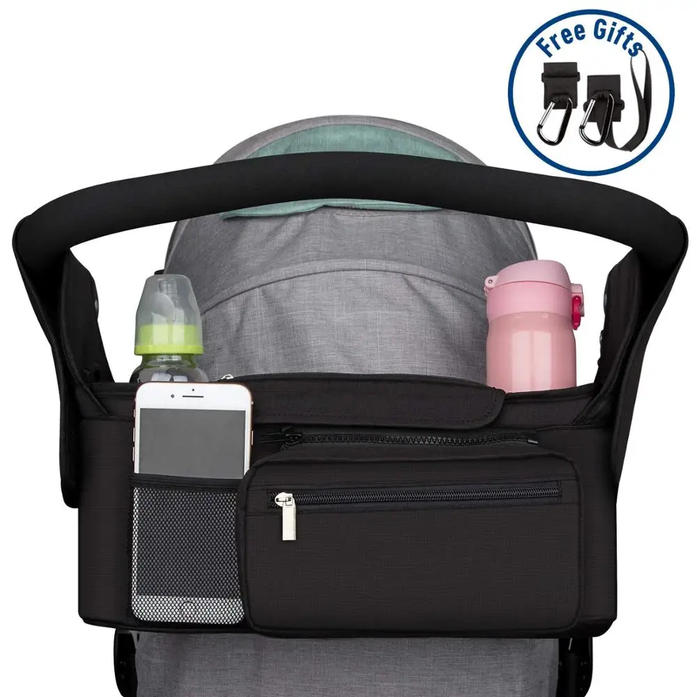 

Baby Stroller Bag Organizer with Stroller Cup Holders Detachable Bag & Shoulder Strap Extra 2 Pack Non-Slip Stroller Hooks