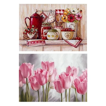 

2 Set Diy 5D Diamond Painting Full Drill Embroidery Patterns Home Decor - Kitchen Red Tablewares & Pink Tulips Flower