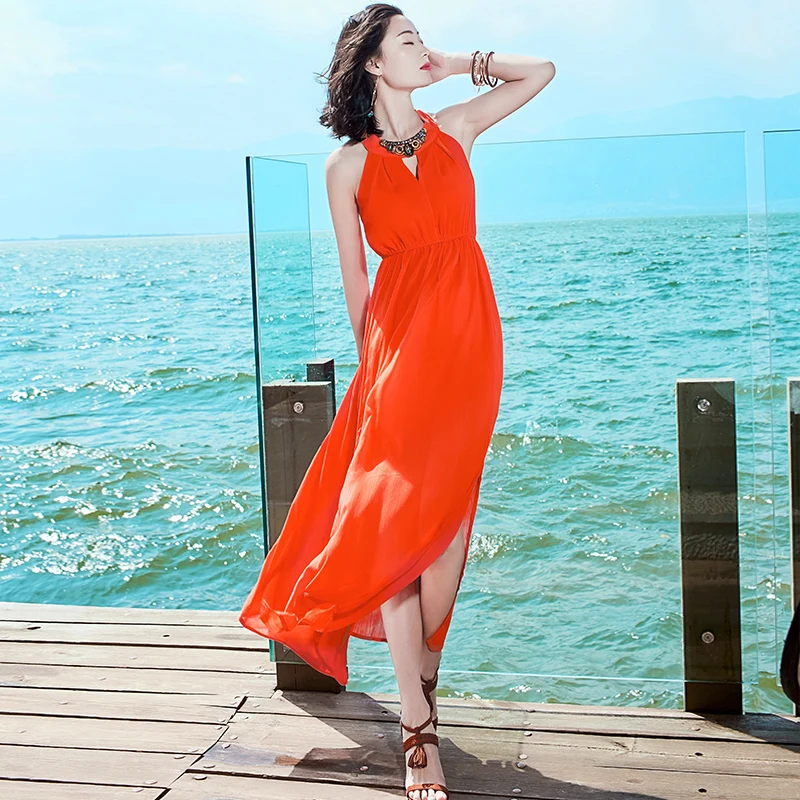 Пляжное летнее платье женское с длинным рукавом красное вечернее Маркса коробка