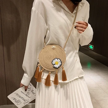 

Round Straw Bag Woven Tassel Beach Handbag Women Bohemian Summer Daisy Rattan Circle Small Shoulder Crossbody Purse