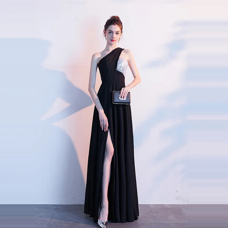 

Evening Dress One Shoulder Sleeveless Women Party Dresses Floor Length Robe De Soiree 2019 Sexy Split Sequin Formal Gowns F188