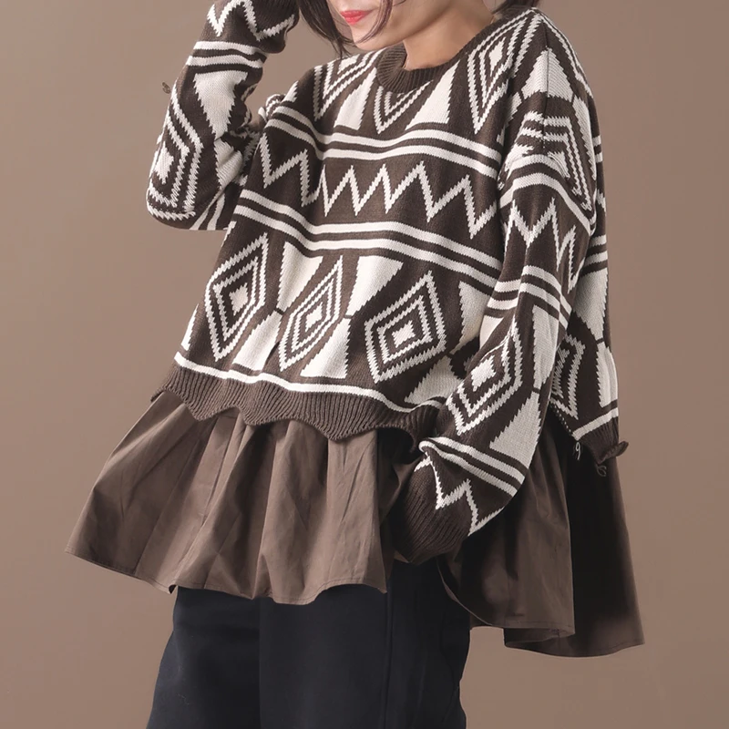 Женский зимний Корейский стиль размера плюс верхняя одежда литературная геометрическая мозаика сшивание свободный свитер