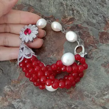 

6 Strands 8'' White Baroque Pearl Red J1ade Bracelet