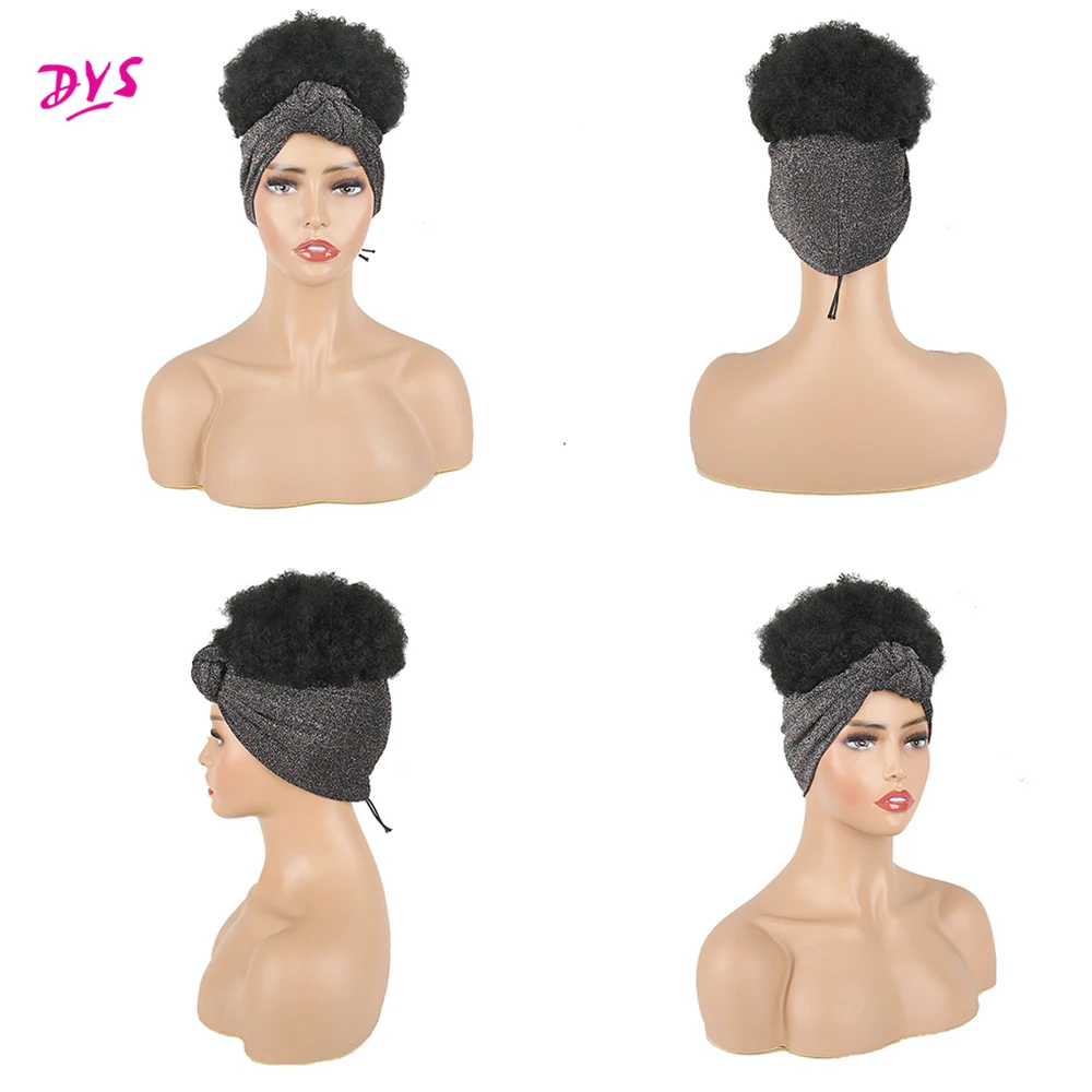 3High Puff Turban Ponytail Short Kinky Curly Headwrap Drawstring Wrap-Ponytail 2 in 1 Updo Head-Wrap Wig Turban African American