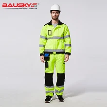 Bauskydd Спецодежда Мужская Рабочая одежда костюм брюки и куртка флуоресцентный желтый со светоотражающими полосками наколенники осень зима