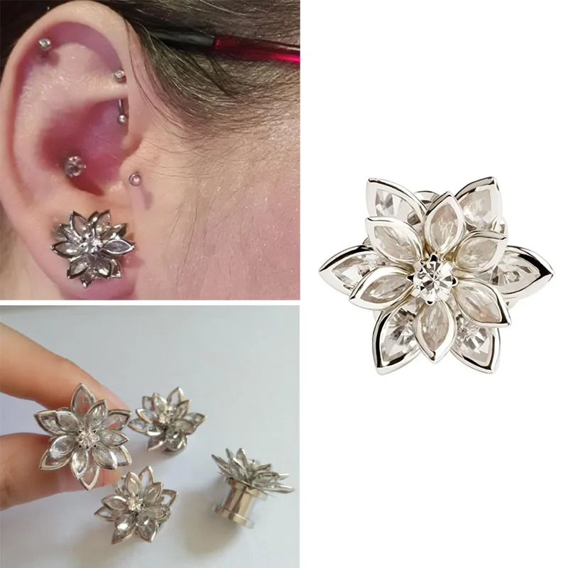 1PairScrew3DCrystalFlowerStainlessSteelEarReamerEarring