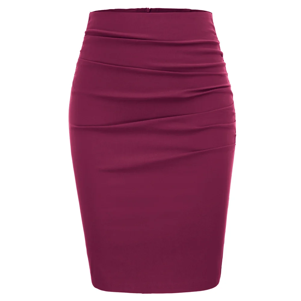 Grace Karin Женская деловая Однотонная юбка-карандаш с рюшами спереди, Облегающая Юбка До Колена, деловая юбка для офиса, юбка миди - Цвет: Wine