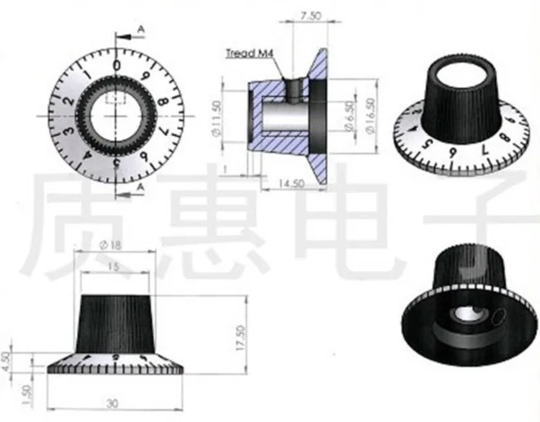 10pcs/lot Diameter:20mm . Inner Diameter:6mm C2 C-2 6MM 30X17 Digital Dial Potentiometer Knob
