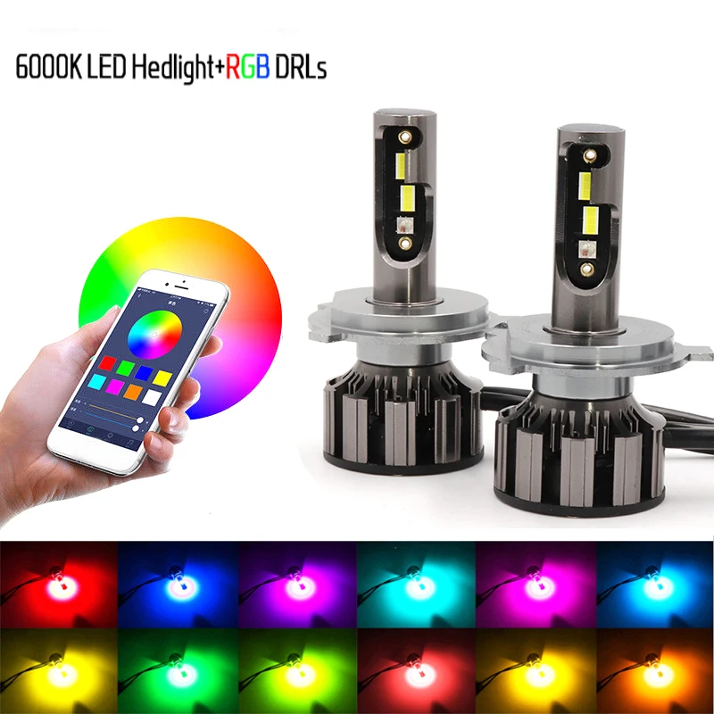 Pár H4 RGB LED světlomet H1 APP bluetooth-compatible ovládání multi barvivo LED žárovky pro camry Ford BMW