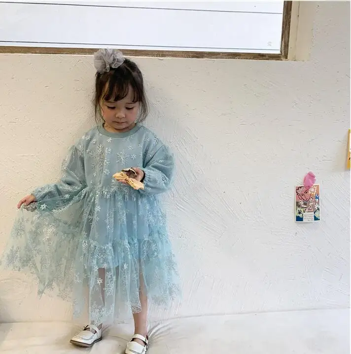 В году, весеннее голубое платье феи принцессы для девочек(без кружевного воротника), детское милое платье 6 шт/партия