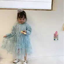 В году, весеннее голубое платье феи принцессы для девочек(без кружевного воротника), детское милое платье 6 шт/партия