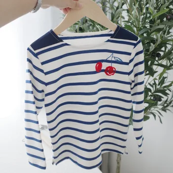 

2020 Autumn girls t shirt 80% cotton cherry pattern blue striped sweet kids tops 210g kids tops suitable for height 90-160cm