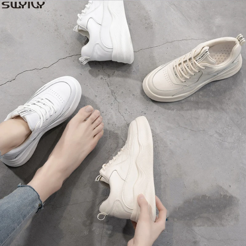 

SWYIVY Slip Leather Platform Sneakers Women Casual Shoes White Fashion 2020 Spring Shallow Chunky Sneakers For Women Shoes Solid