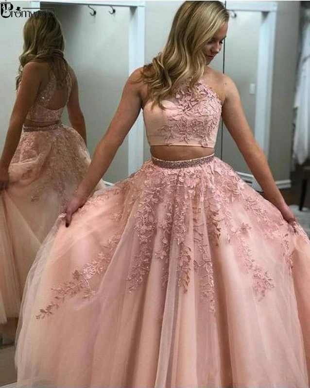 Розовые платья для выпускного вечера,, vestidos de gala, с высоким горлом, из бисера, тюль, кружево, а-силуэт, две части, вечерние платья Maxys, длинное платье для выпускного вечера, вечернее платье