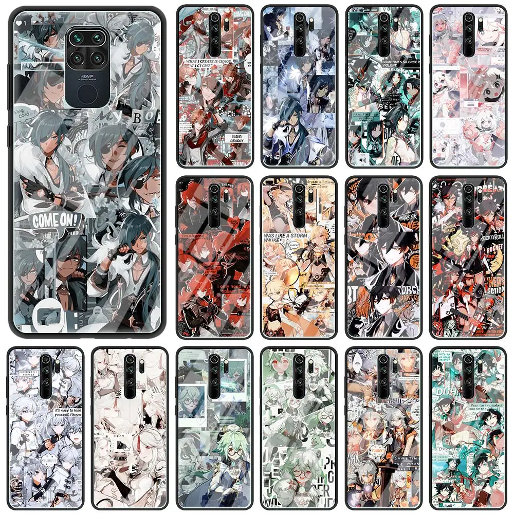 Чехол для телефона Xiaomi Redmi Note 9S 9 10 8 Pro 8T 7 8A 9A 9C K40 стеклянный чехол Poco X3 NFC Shell Genshin Impact