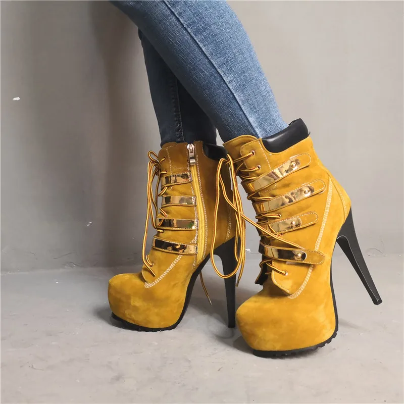 

Western Fashion Plus Size47 Yellow Tan High Heel Platform Ankle Boots For Woman Lace Up Punk Motorcycle Bottes Femme Shoes