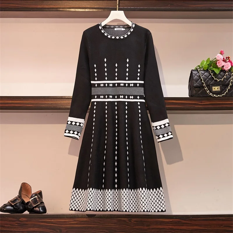 5XL плюс размер женский элегантный вязаный зимний свитер винтажный геометрический жаккардовые с длинным рукавом Женские трапециевидные платья - Цвет: Black