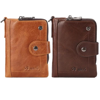 

PI UNCLE Leather Men's Wallet Short Multi-Card ID Bag Retro Double Zipper Ultra-Thin Ladies Clutch