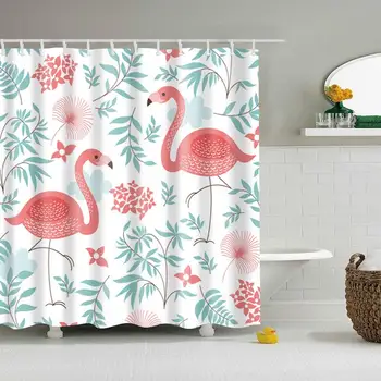 

Flamingo and Flowers,Leaves Pattern Digital Print Shower Curtains for Bathroom Decor,Polyester Waterproof Fabric Bath Curtain
