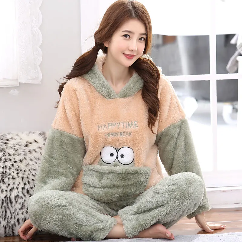 Photo Color Flannel Cartoon Frog Hooded Ladies Pajamas Set Comfortable Warm Winter Home Clothes Lively and Lovely Girl Style - Цвет: Photo Color