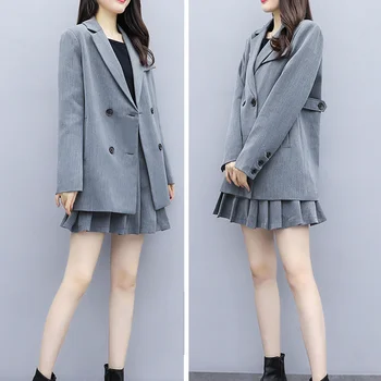 

Fashion Women Skirt Suits Notched collar loose Blazer Mini Skirts Two Pieces OL Sets Female blazer Outfits 2020 high quality