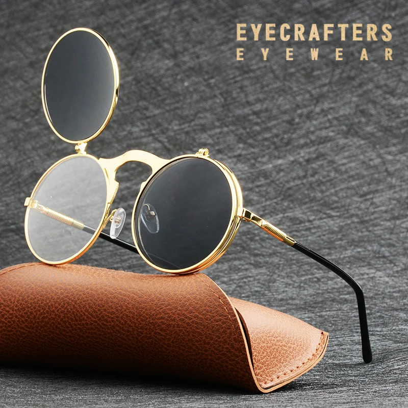 Солнцезащитные очки в стиле ретро, круглые, модные, откидные линзы, стимпанк, Винтажные Солнцезащитные очки, весенние ноги, раскладушка, двойные линзы, очки