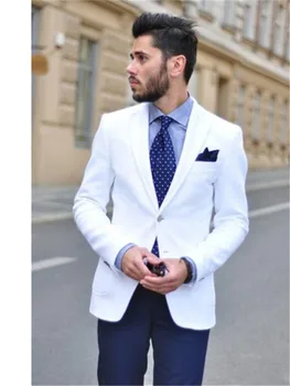 

New Men’s Suit Smolking Noivo Terno Slim Fit Easculino Evening Suits For Men White jacket With Navy Blue Pants Grooms Tuxedos me
