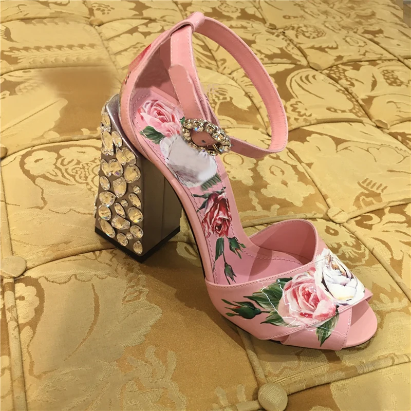 Macytino/сандалии с принтом в виде цветка; туфли на высоком массивном каблуке с кристаллами; Летние повседневные сандалии; реальные фотографии